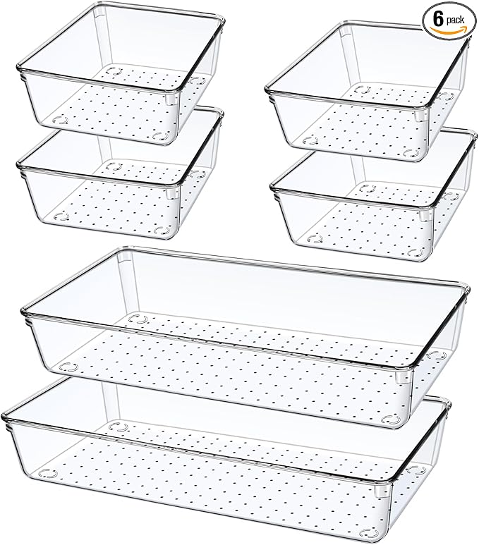 6 PCS Large Size Clear Plastic Drawer Organizer Tray, 12'' Acrylic Vanity Bathroom Drawer Organizers Trays, Desk Drawer Organizer Bins for Cosmetic, Makeup, Kitchen, Office Drawer Divider Organization