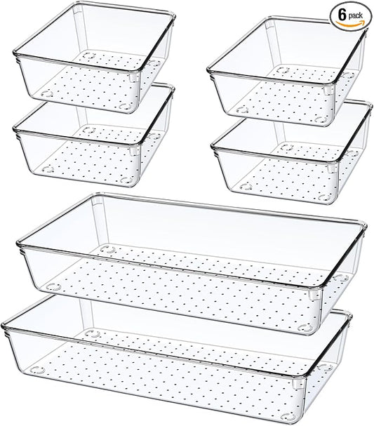 6 PCS Large Size Clear Plastic Drawer Organizer Tray, 12'' Acrylic Vanity Bathroom Drawer Organizers Trays, Desk Drawer Organizer Bins for Cosmetic, Makeup, Kitchen, Office Drawer Divider Organization