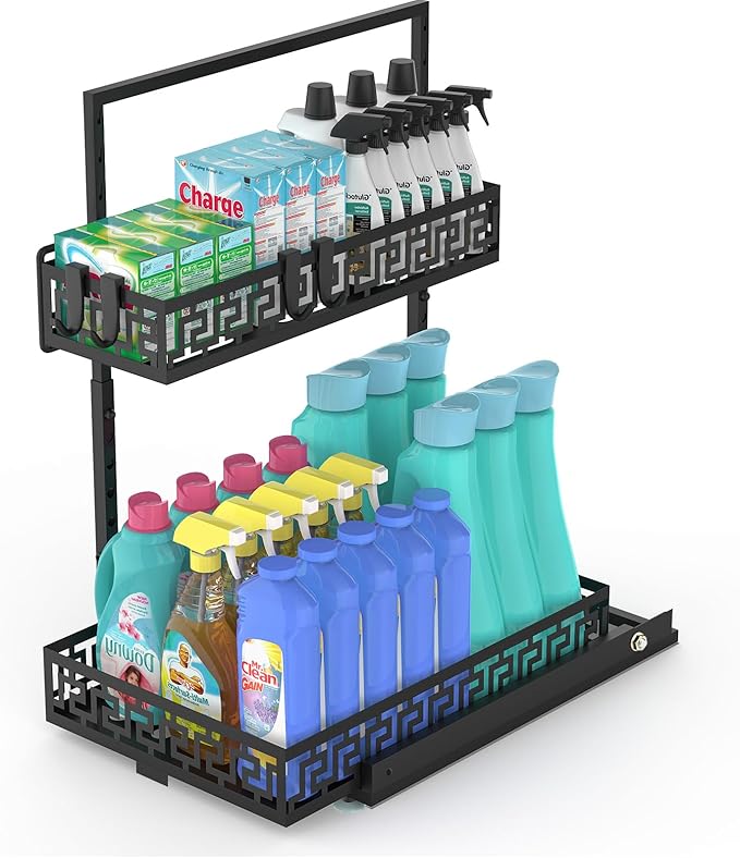 KIMCHOMERSE Under Sink Organizer Shelf, 2 Tier Pull Out Under Sink Rack, Under Counter Cabinet Organizer Storage Shelf for Bathroom Storage Organizer, Kitchen Pantry Cabinet Organizers -Black