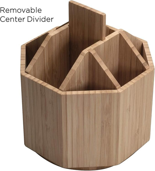Bamboo Rotating Utensil Holder & Kitchen Organizer, Multiple Compartments, 8 Sections, store Forks, Serving Spoons, Knives, and other cooking tools with Removable Divider for Customized Storage