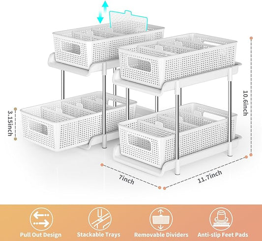 Bathroom Organizer with Dividers, 2Pcs 2 Tier Stackable Under Sink Organizers and Storage Cabinet Organizers for Bathroom Kitchen Pantry Organization and Storage, Medicine Cabinet Organizer
