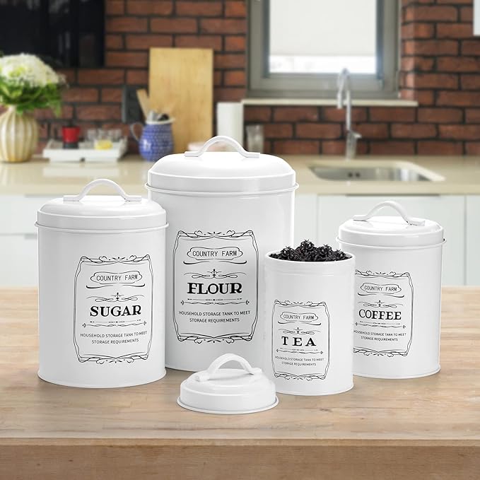 yarlung Set of 4 Kitchen Canisters with Airtight Lids, Coffee Tea Sugar Flour Tin Jars Nesting Food Storage Container Set for Farmhouse Decor, 4 Sizes
