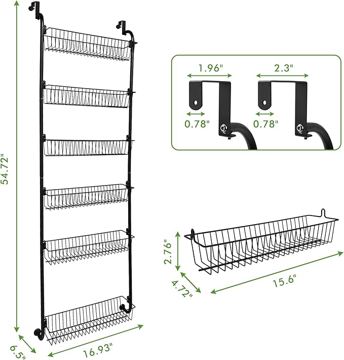 COOLFXEND Over the Door Pantry Organizer,6-Tier Pantry Door Organizers and Storage,Metal Over the Door Spice Rack for Pantry/Kitchen,Space Saving,Easy to Install,Black(6x4.72 Width Baskets)