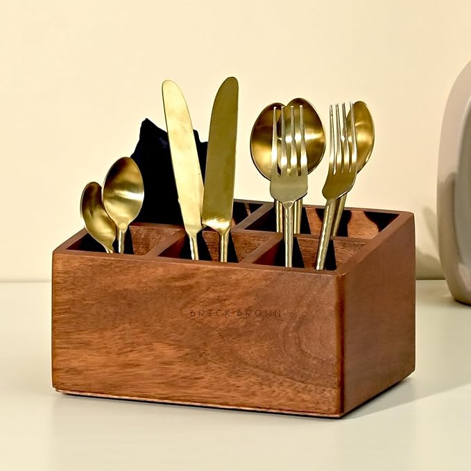 Premium Handcrafted Wooden Spoon stand for kitchen | cutlery holder for dining table | wooden caddy storage organiser stand with 5 section Mahogany Finish(8.75x6x4.5 inch)
