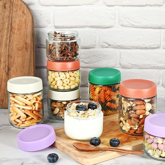 Hoa Kinh Glass Food Storage Jars with Lids, 10oz 4Pack Leak Proof Small Glass Jars for Overnight Oats, Cereal, Clear Empty Glass Jars with Lids for Kitchen(Red, Green, Purple and White)