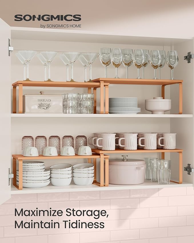 SONGMICS Cabinet Organizer Shelf, Set of 2 Kitchen Counter Shelves, Kitchen Storage, Spice Rack, Stackable, Expandable, Metal and Engineered Wood, Apricot Orange UKCS200Y01