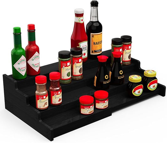 Spice Rack Organizer for Expandable 4-Tier, Adjustable Bamboo Spice Storage for Kitchen Cabinet, Pantry and Countertop Organization, Black