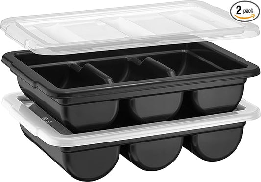 2 Pack - Cutlery Bin with Lid, Commercial 3-Compartment Flatware Tray with Cover, Silverware Divided Storage Plastic Container, Restaurant Condiments Holder, Covered Utensil Organizer Box, Black
