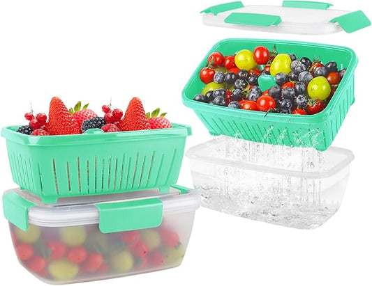 shopwithgreen 68oz Berry Keeper Fruit Storage Container for Fridge, Fresh Food Produce Saver Containers with Removable Drain Colanders, Vegetable Lettuce Keeper Bowl, Refrigerator Organizer, 2 Pack