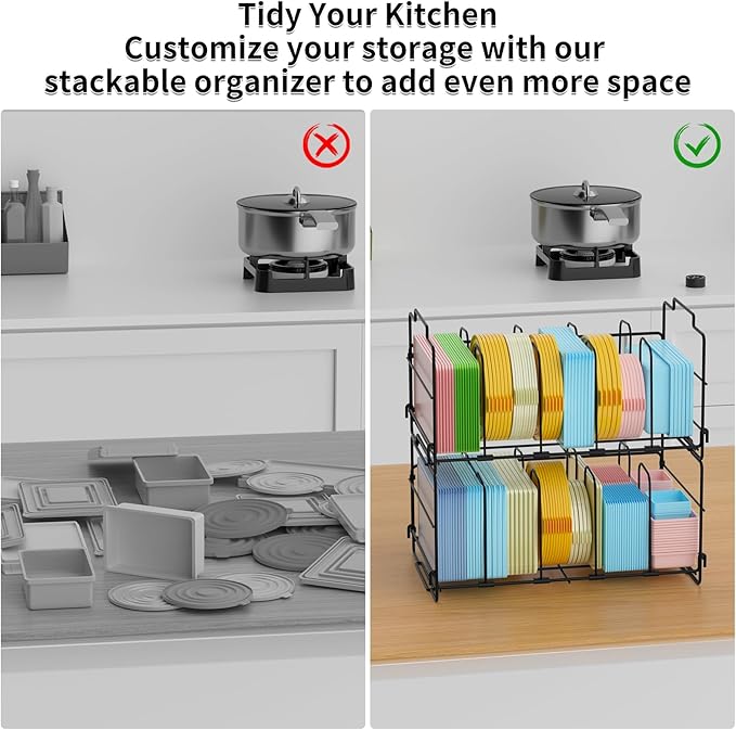 Set of 2 Stackable Food Container Lid Organizer, Adjustable Metal Lid Storage Shelf for Kitchen, 4 Dividers Detachable Lid Organiser Rack for Cabinets, Cupboards, Pantry Shelves, Drawers, Black