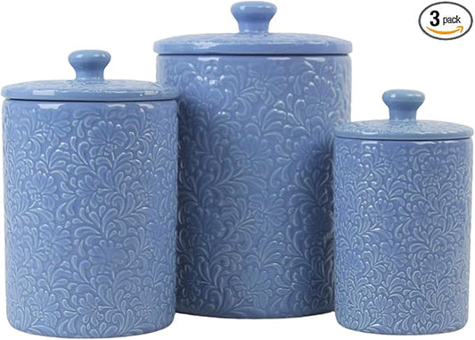 10 Strawberry Street Kitchen Canister, 3 Piece Set, Fleur Denim Blue