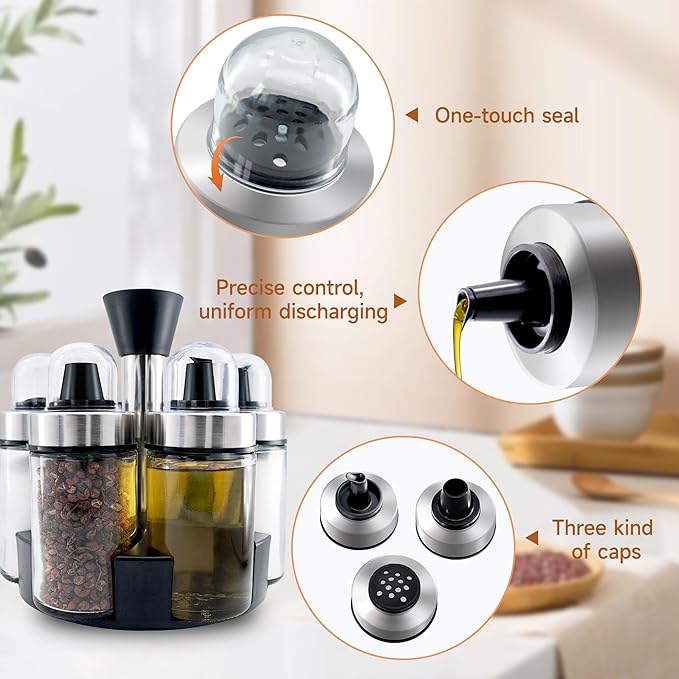 Mlici 6pc Rotating Glass Spice Jars with Base, Oil Vinegar Dispenser Set for Kitchen Countertop Storage, Space-Saving Seasoning Containers for Salt, Pepper and Olive Oil