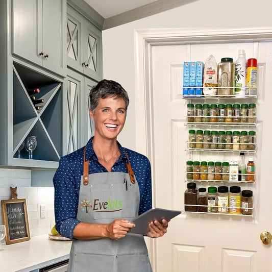 Evelots Over the Door Pantry Organizer -5 Tier Spice Rack -Holds up to 64 Spices & More - Adjustable Metal Baskets for Kitchen, Bathroom Storage & Organization (White) Easy Install Extra Deep Baskets
