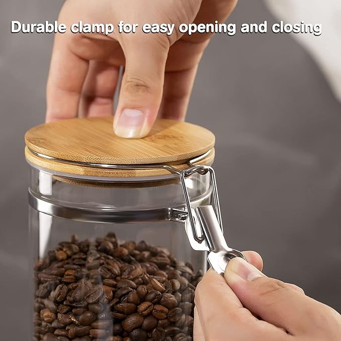 Yangbaga Glass Coffee Containers with Shelf, 2 x 45 oz Coffee Bean Storage with Airtight Locking Clamp and Bamboo Spoon, Large Capacity Food Storage Jar for Kitchen
