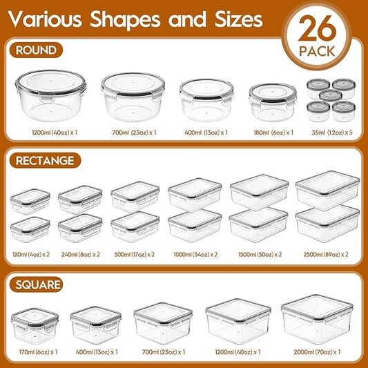 52 Pcs Larger Food Storage Containers with Lids Airtight (26 Containers & 26 Lids), Meal Prep Container for Pantry & Kitchen Organization, BPA-Free, Leak-Proof with Labels & Marker Pen