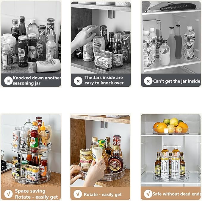 Lazy Susan Round Plastic Clear Rotating Turntable Organization Storage Container Bins for Cabinet Pantry Fridge Kitchen Vanity Spinning Organizer for Spices Condiments (2-Tire-1-Pack, 9 inch)