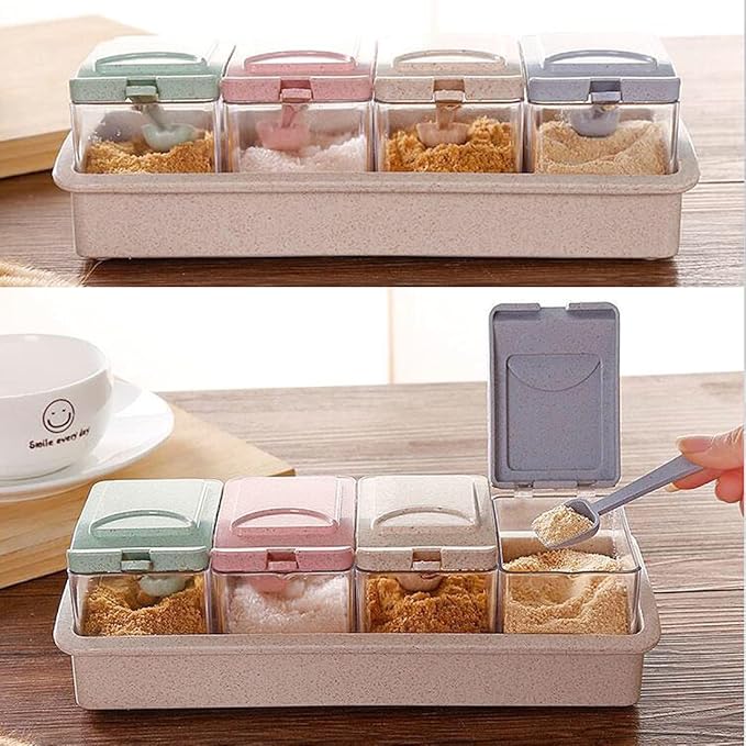 ZaoProteks Condiment Jar Spice Container with Lids and Spoons, Condiment Canisters Pots Seasoning Box Salt Container Sugar Bowl Set of 4 for Kitchen, Counter and Food Storage