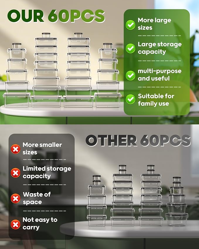 60 PCS Food Storage Containers with Lids(30 Containers & 30 Lids), BPA-Free Plastic Food Containers for Kitchen Storage, Leak Proof, Reusable Meal Prep Containers with Labels & Pen