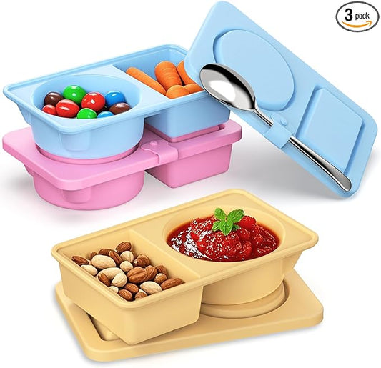Silicone Reusable Snack Containers with Lids, 3 Pack Double/2 Compartment Snackle Box Container for Salad Sauce, Condiment Containers with Lids for Portion Control, Travel, Picnic