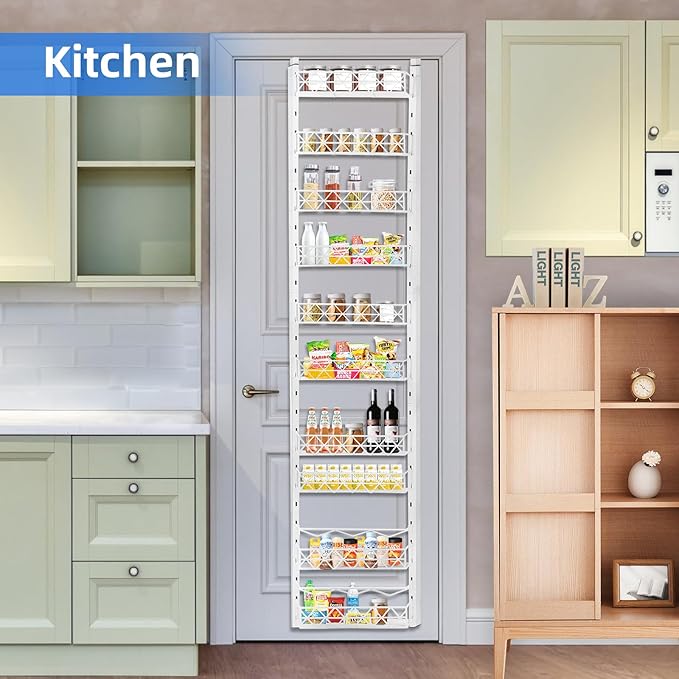 Over The Door Pantry Organizer，10-Tier Over The Door Organizer with Adjustable Basket，Metal Hanging Pantry Organizers and Storage for Kitchen, Back of Door Seasoning Rack (White)