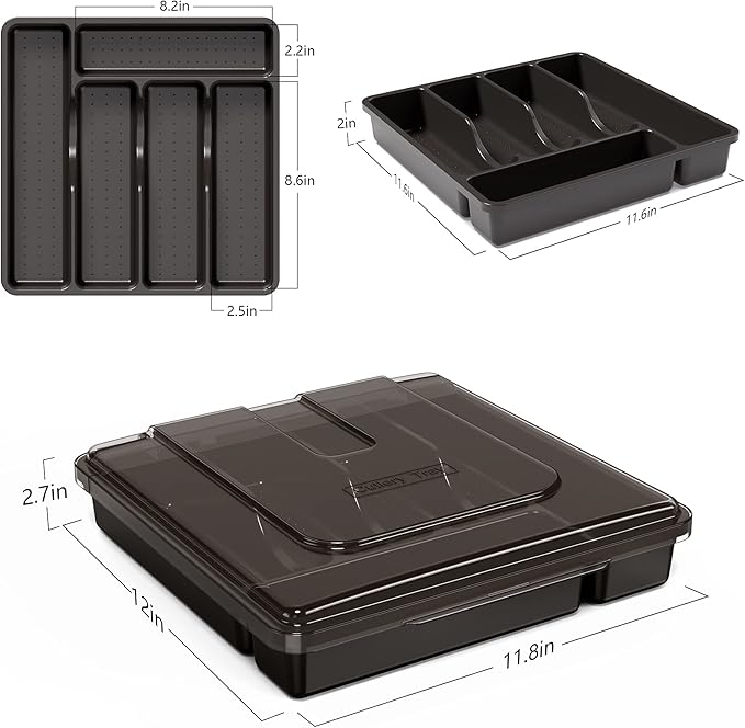 Utensil Holder for Countertop with Lid, Plastic Silverware Tray for Drawer, 5 Compartments Flatware Organizer, Black