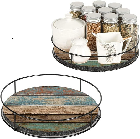 12 Inch Turntable Wooden Lazy Susan, Non-Skid Turquoise Wooden Board Turntable Organizers for Cabinet, Pantry, Kitchen, Perfect Spice Rack Solution