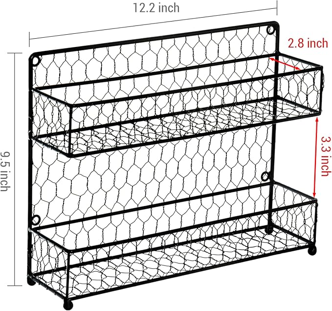 MyGift® Farmhouse Style Metal Wire Spice Rack - Wall Mount or Kitchen Countertop 2-Tier Seasoning Jar Storage Organizer, Black
