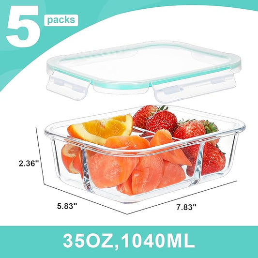 BAYZZ 5 Pack 35 Oz Glass Meal Prep Containers 3 Compartments, Glass Food Storage Containers with Lids, Airtight Bento Box Lunch Container-Microwave, Freezer, Dishwasher Safe,Green