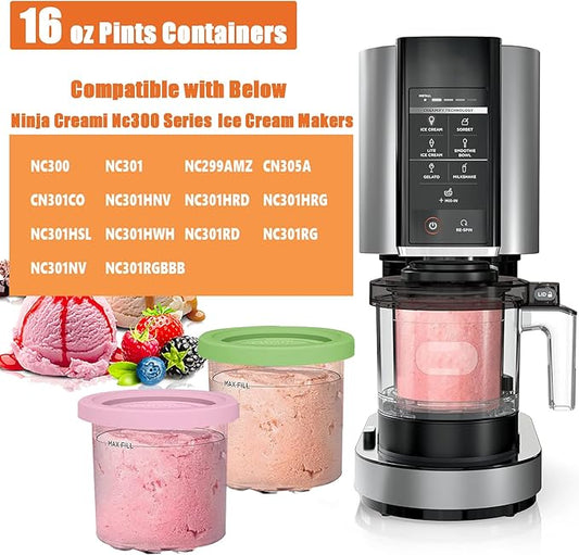 16oz Ice Cream Containers Replacement for Ninja Creami Pints, 4 Pack Creami Pint Containers Compatible with NC301 NC300 NC299AMZ NC290 Series Ice Cream Maker, BPA-Free, Airtight & Dishwasher Safe