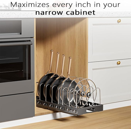 Pull Out Pots and Pans Organizer Under Cabinet, 2 Pack Pots and Pans Organizer, Sliding Lid Holder and Pan Rack in Kitchen, Slide Out inside Cabinet Storage for Pot Lid, Bakeware, Dishes, Black