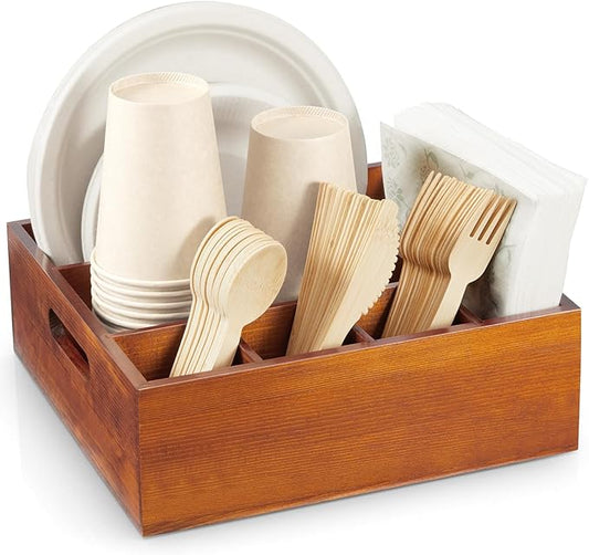 Brown Utensil Holder for Party - Wood Paper Plate Organizer for Countertop - Silverware Caddy with 6 Compartments for Plate Cup Fork Spoon - Cutlery Holder for Kitchen Camping Buffet