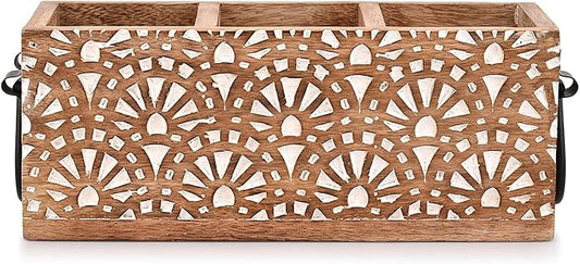 NIRMAN Mango Wood 3 Compartment Multi Purpose Utensil Cutlery Racks for Cutlery, Napkins, Cups Caddy Organizer (11" x 4" x 4.5")