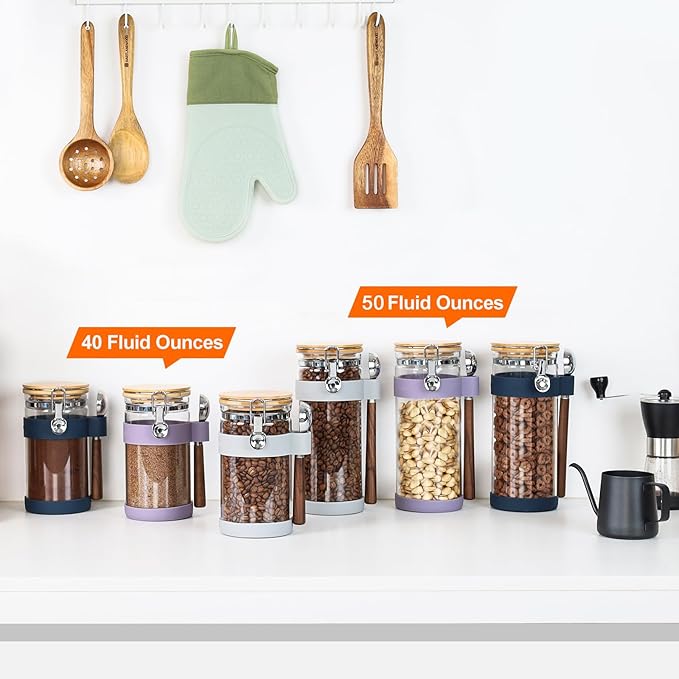 KKC HOME ACCENTS Air Tight Glass Food Storage Canstier with Scoop,Airtight Sealed Glass Jar Canister with Clamp Lid for Cereal,Pasta,Coffee Bean,Matcha,Loose Leaf Tea,Flour,Brown,50 Fluid Ounce