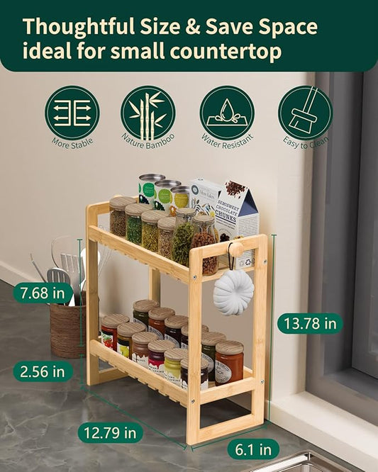 Bamboo Multi-Purpose Organizer, 2 Tier Kitchen Counter Shelf, Natural Brown, 2.56 x 14.37 x 7.08 inches