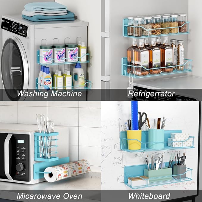 Magnetic Spice Rack for Refrigerator,8 Pack Magnetic Fridge Shelf, Moveable Spice Organizer with Hook Rack, Paper Towel Holder, Utensil Holder,cup lid holder, Super Magnetic Rack Set (Blue)