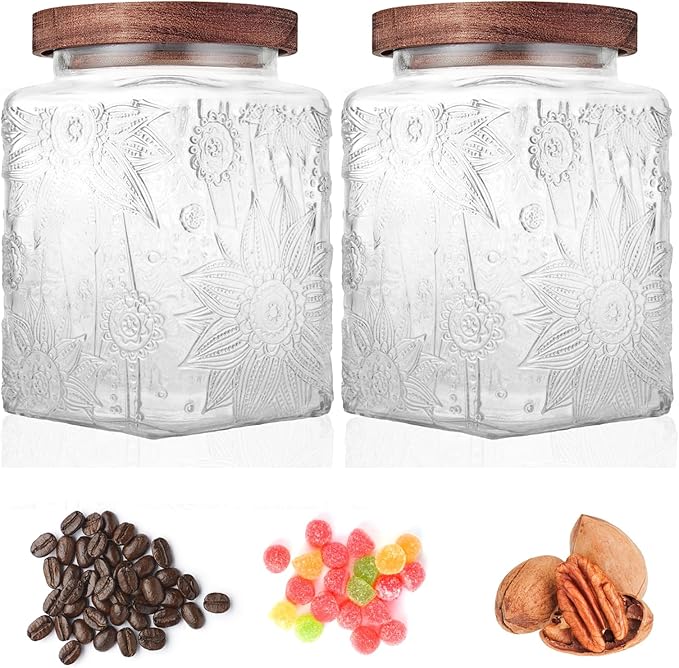 Glass Storage Jars With Airtight Lid, 23.7oz Container For Kitchen Counter with Wood Lid, brown sugar, candy, coffee, cookie, salt, tea, cute Jar (Square Sunflower)
