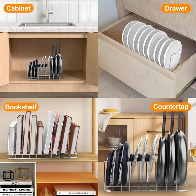 FLSEPAMB Pot Lid Organizer Pan Lid Organizer Kitchen Pot Lid Rack Suitable for Bakeware Dish Plate, Cutting Boards, Pots & Pans, Serving Trays, Reusable Holder (2 Pack)