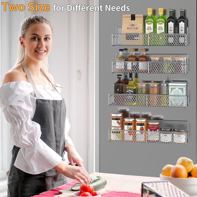 Magnetic Spice Rack for Refrigerator, 4 Pack Metal Magnetic Shelf Grey, Moveable Spice Organizer, Super Magnetic Fridge Shelf for Kitchen Organization and Storage