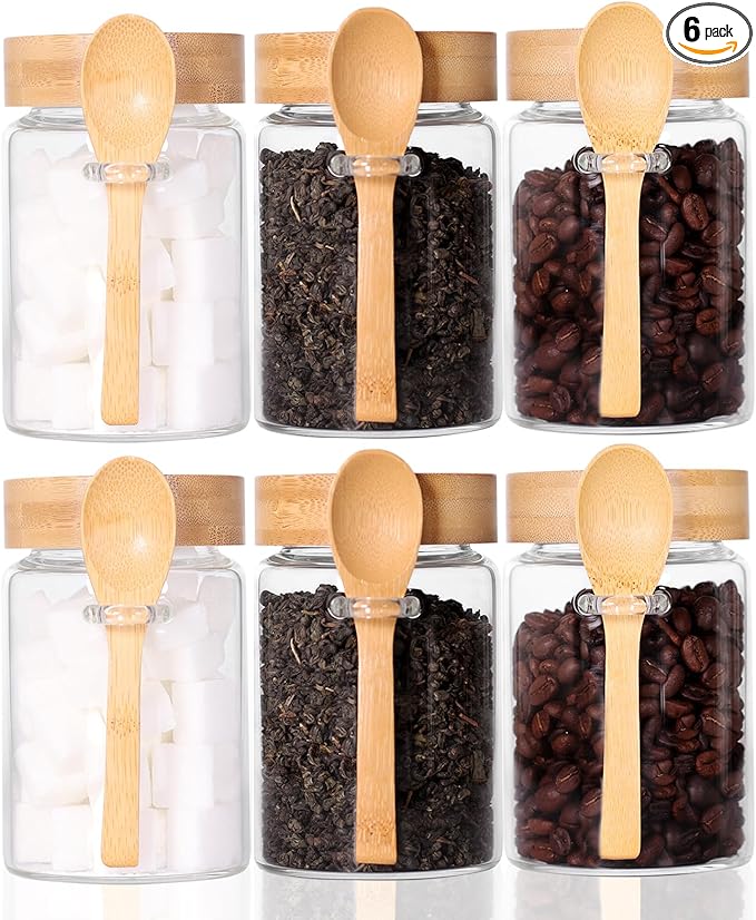 16 OZ Tea Jars Screw Top for Loose Tea, Set of 6 Loose Leaf Container Airtight, Glass Jars with Screw on Lids and Spoons, Overnight Oats Containers with Lids