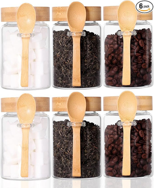 16 OZ Tea Jars Screw Top for Loose Tea, Set of 6 Loose Leaf Container Airtight, Glass Jars with Screw on Lids and Spoons, Overnight Oats Containers with Lids