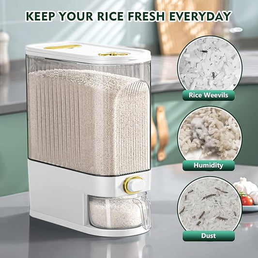 22 Lbs Rice Dispenser, Large Dry Food Storage Container with with Measuring Cup & Time Scale, Food Dispenser Kitchen Organization and Pantry Store for Cereal Dry Food (White)