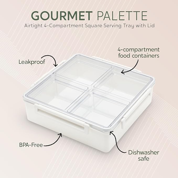 Gourmet Palette Airtight 4-Compartment Serving Tray with Lid – Portable Charcuterie Container, Snack Box, Removable Dividers, Snackle Platter for Fruit, Veggies, Appetizers, Square Design