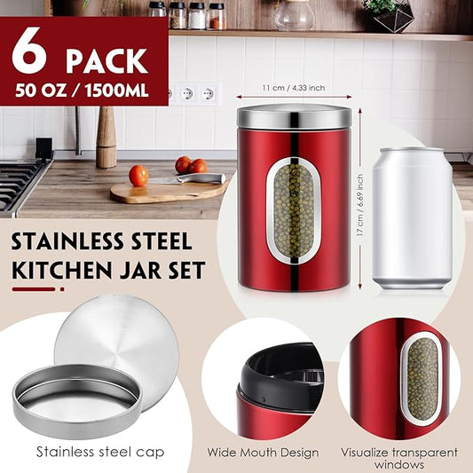 Zopeal 6 Pack Red Canisters Sets For Kitchen 50oz Stainless Steel Red Kitchen Canisters with Transparent Windows Flour Sugar Container Metal Jar Countertop Set for Coffee Tea Decorative