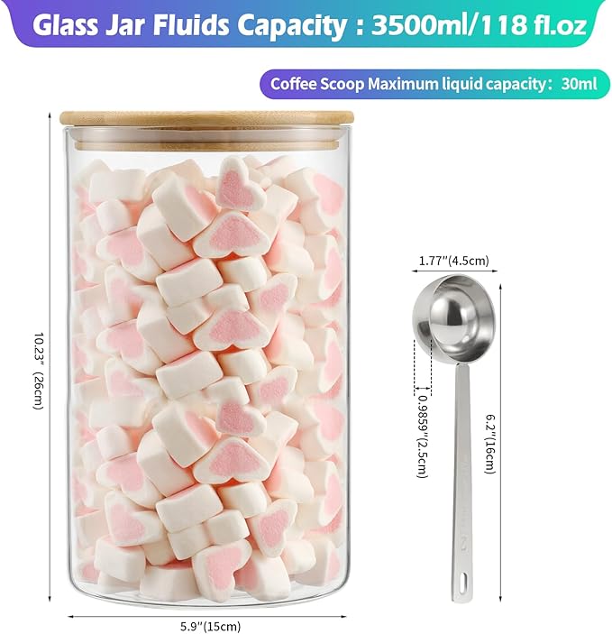 Wide Glass Jar with Bamboo Lid Clear Glass Food Canister with Scoop Thickened Glass Storage Jar for Kithen Pantry Cookie Coffee Ground Bean Tea Laundry Flour Sugar (3.5L/118 OZ-1 PACK)