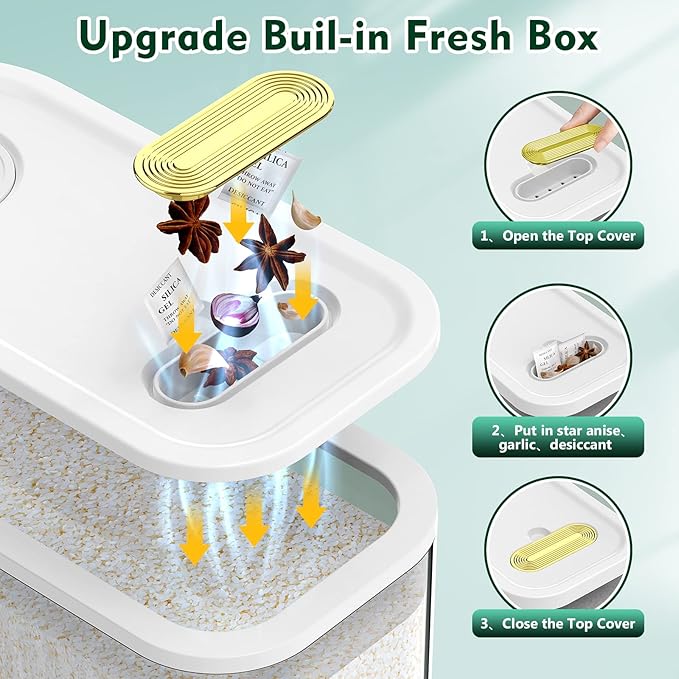 22 Lbs Rice Dispenser, Large Dry Food Storage Container with with Measuring Cup & Time Scale, Food Dispenser Kitchen Organization and Pantry Store for Cereal Dry Food (White)