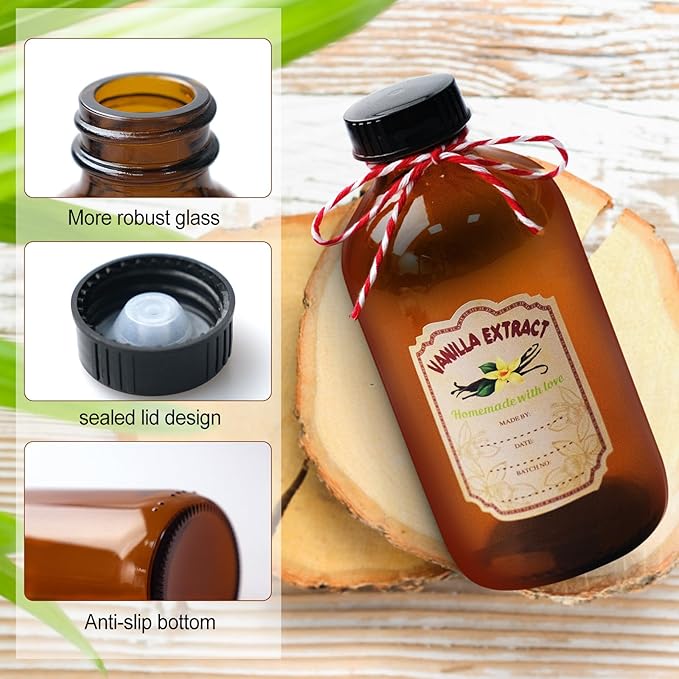 15 Pack 8 Oz Amber Glass Bottle with Caps Brown Vanilla Extract Bottles Boston Round Bottles 15 Pcs Vanilla Extract Stickers Glass Food Storage Canister for Syrup Sauce Beans Homemade Essential Oils
