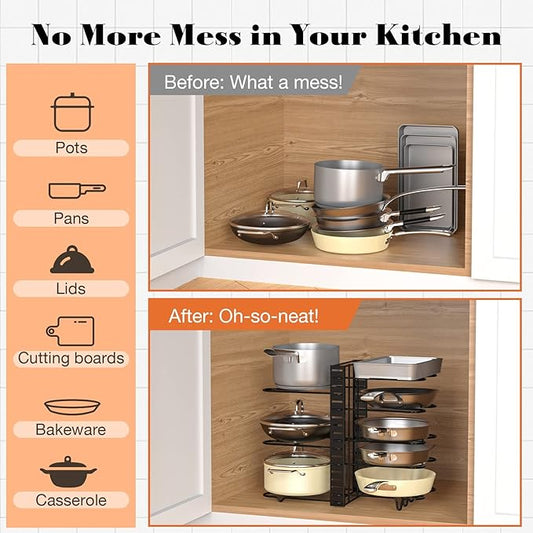 Pot and Pan Organizer Under Cabinet, 8 Tier Adjustable Pot Organizers Inside Cabinet with 3 DIY Methods, Upgraded Pan Storage Rack with Full Covered Anti-Slip Silicone, Black