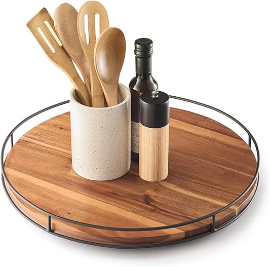 18" Acacia Wood Lazy Susan Turntable with Metal Frame - Large Brown Lazy Susans Organizer Countertop Storage - Wooden Serving Tray for Charcuterie Cheese Board - Kitchen Counter Rotating