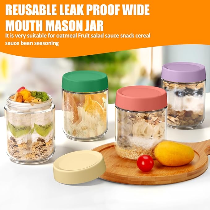 16 oz Overnight Oats Containers with Lids, Wide Mouth Glass Mason Jars with Airtight Lids for Meal Prep, Yogurt, Pudding & Snacks– Leak-Proof, Reusable Glass Food Storage, Set of 4