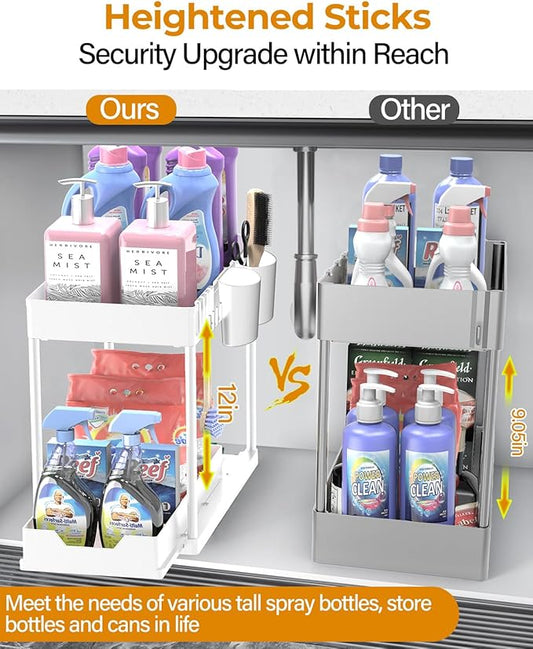 Under Sink Organizers and Storage Bathroom 2Pack, 2 Tier Kicthen Cabinet Basket Organizer, with Hooks, Hanging Cup, Dividers, Handles, Multi-purpose Under Sink Shelf Organizer, White